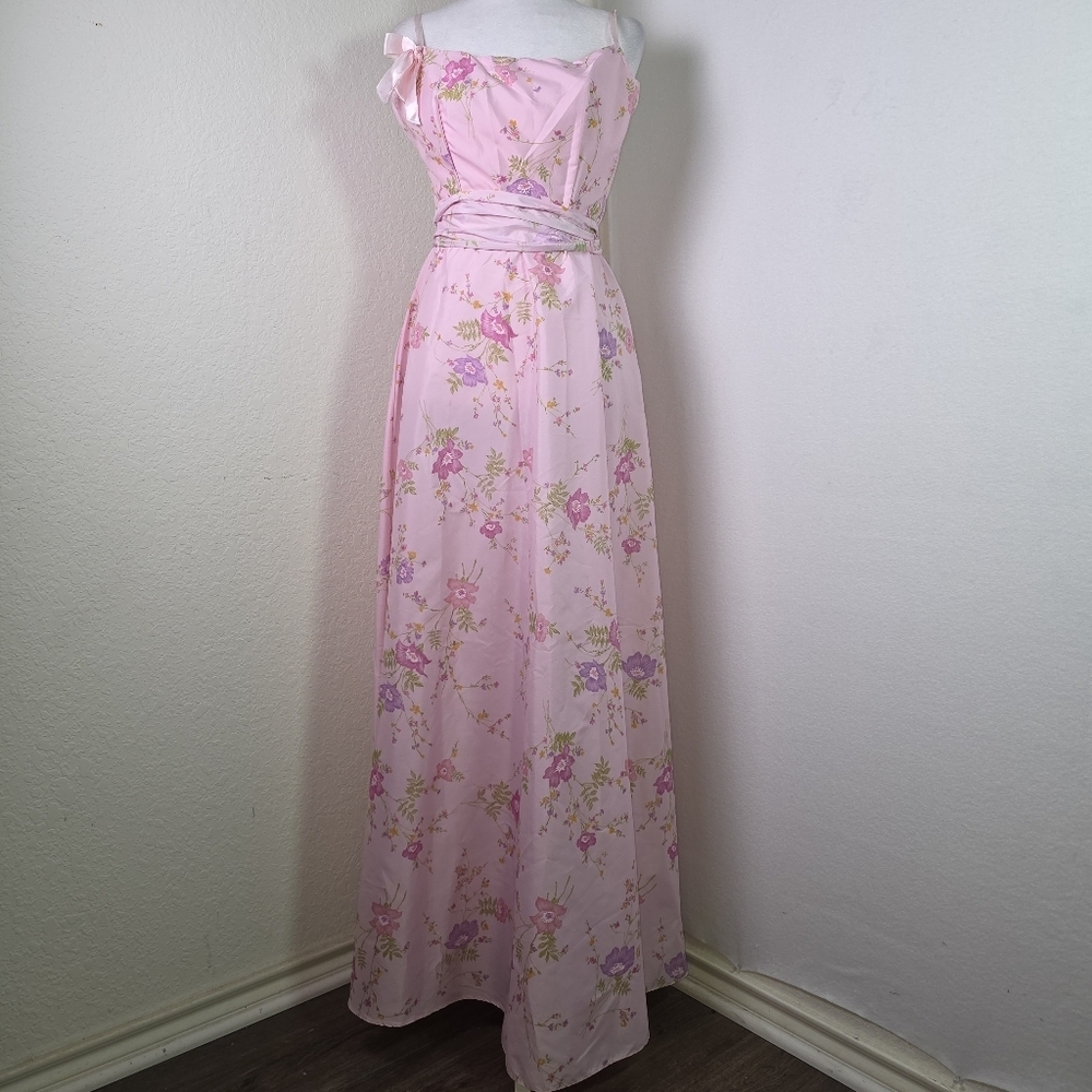 Vintage Dance-Allure by Alfred Angelo Pink Floral Maxi Gown w/ Bow Sash – ILGWU